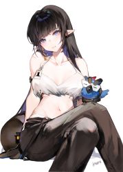 Rule 34 | 1girl, absurdres, arknights, bare shoulders, bird, black gloves, black hair, black pants, blouse, blue eyes, breasts, crop top, crossed legs, eunectes (arknights), eunectes (forgemaster) (arknights), feet out of frame, gloves, halterneck, head tilt, high priest (arknights), highres, huge filesize, kitere, large breasts, long hair, looking at viewer, midriff, navel, official alternate costume, pants, parted lips, pointy ears, shirt, smile, solo, spaghetti strap, standing, stomach, white shirt