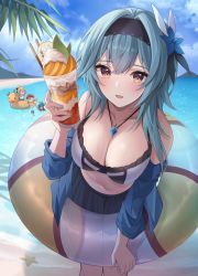 Rule 34 | 1boy, 3girls, :d, absurdres, aqua hair, beach, bikini, bikini top only, black hairband, black skirt, blue sky, blush, breasts, cleavage, commentary request, cup, drink, eula (genshin impact), flower, food, frilled bikini, frills, genshin impact, glass, hair flower, hair ornament, hairband, hand up, highres, holding, holding cup, holding food, holding ice cream, ice cream, innertube, jean (genshin impact), jewelry, kaeya (genshin impact), klee (genshin impact), large breasts, leaning forward, looking at viewer, medium hair, multiple girls, necklace, ocean, off shoulder, open mouth, outdoors, partial commentary, rubber duck, sidelocks, skirt, sky, smile, solo focus, standing, starfish, striped innertube, sukuemon, swim ring, swimsuit, wet, yellow eyes