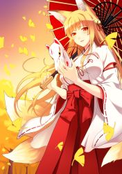 Rule 34 | 1girl, animal ears, autumn, autumn leaves, bad id, bad pixiv id, bell, blonde hair, fox ears, fox mask, fox tail, hair bell, hair ornament, hair ribbon, highres, japanese clothes, kat (bu-kunn), leaf, long hair, looking at viewer, mask, miko, multiple tails, oil-paper umbrella, original, red eyes, ribbon, solo, tail, umbrella, wide sleeves, wind