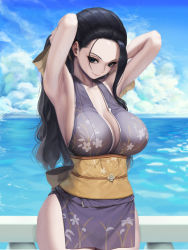 Rule 34 | 1girl, armpit focus, armpits, arms up, bare shoulders, black hair, blue eyes, breasts, cleavage, cloud, dress, hair slicked back, japanese clothes, kimono, large breasts, letdie1414, long hair, nico robin, obi, ocean, one piece, outdoors, pelvic curtain, purple dress, railing, sash, single sidelock, sky, smile, thighs, water