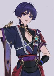 Rule 34 | 1boy, :d, absurdres, blue eyes, genshin impact, grey background, hair between eyes, hand on own hip, highres, looking at viewer, male focus, open mouth, purple eyes, purple hair, sash, sgm618, short hair, simple background, smile, solo, wide sleeves