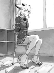 Rule 34 | 1girl, a tea, arknights, arms behind back, blazer, bound, bound ankles, breasts, chair, expressionless, full body, highres, jacket, long hair, looking at viewer, medium breasts, owl ears, paper, pleated skirt, ptilopsis (arknights), school uniform, shibari, shoe dangle, shoes, sitting, skirt, solo, thighhighs, tied to chair, uwabaki, zettai ryouiki