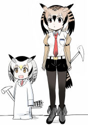 Rule 34 | 10s, 2girls, :d, belt, black footwear, black hair, black pantyhose, black shorts, blonde hair, boots, breast pocket, breasts, brown eyes, brown hair, collared shirt, cosplay, eurasian eagle owl (kemono friends), full body, grey hair, hair between eyes, head wings, height difference, kemono friends, lab coat, makise kurisu, makise kurisu (cosplay), medium breasts, multicolored hair, multiple girls, name connection, necktie, nichijou, northern white-faced owl (kemono friends), open mouth, oversized clothes, pantyhose, parted lips, pocket, professor shinonome, professor shinonome (cosplay), red necktie, shirt, shorts, simple background, smile, standing, steins;gate, trait connection, white background, white hair, white shirt, wing collar, wings, y.ssanoha