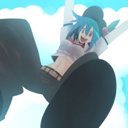 Rule 34 | 1girl, :d, alternate breast size, alternate costume, alternate hair length, alternate hairstyle, amazon (taitaitaira), arms up, belt, blue hair, bow, cloud, female focus, food, foreshortening, fruit, hat, highres, hinanawi tenshi, leaf, midriff, navel, open mouth, pants, peach, red eyes, short hair, short sleeves, sky, smile, solo, taitaitaira, touhou