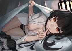 Rule 34 | 1girl, backlighting, bed sheet, black hair, black panties, blanket, blunt bangs, bow, bow bra, bow panties, bra, unworn bra, breasts, commentary request, finger to mouth, futon, highres, idolmaster, idolmaster shiny colors, index finger raised, indoors, lantern, long hair, looking at viewer, lying, mayuzumi fuyuko, medium breasts, navel, nipples, no bra, on bed, on side, one breast out, open clothes, open shirt, panties, parted lips, partial commentary, pillow, red eyes, shirt, shiyo (shiy0 ), short sleeves, shushing, smile, solo, thigh gap, under covers, underwear, white shirt