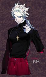 Rule 34 | 1boy, black shirt, character name, colored skin, cross, cross necklace, earrings, hand up, highres, jewelry, latin cross, long hair, long sleeves, looking at viewer, male focus, matthew (pigeon666), necklace, original, pants, parted lips, pigeon666, ponytail, red eyes, red pants, sanpaku, shirt, signature, solo, suspenders, white hair, white skin