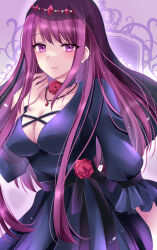 Rule 34 | 1girl, blush, breasts, choker, cleavage, cleavage cutout, closed mouth, clothing cutout, dress, female focus, fire emblem, fire emblem engage, flower, highres, ivy (fire emblem), jewelry, kirishima riona, large breasts, long hair, looking at viewer, matching hair/eyes, mole, mole under mouth, necklace, nintendo, purple eyes, purple hair, rose, smile, solo, veil