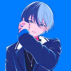 Rule 34 | 1boy, aoyagi touya, blue background, blue eyes, blue hair, blue jacket, commentary, dark blue hair, fingernails, hair between eyes, hand up, highres, jacket, jewelry, lapels, llli illli illl, long sleeves, looking at viewer, male focus, mole, mole under eye, multicolored hair, necklace, notched lapels, project sekai, short hair, smile, solo, split-color hair, turtleneck, two-tone hair, upper body