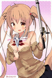 Rule 34 | 10s, 1girl, animal, animal between breasts, between breasts, blush, breasts, brown hair, cardigan, clothes pull, detached collar, fish, fishing rod, heart, kantai collection, long hair, murasame (kancolle), off shoulder, school uniform, shirt pull, small breasts, smile, solo, suzuki toto, twintails, twitter username, very long hair