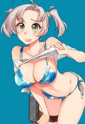Rule 34 | 1girl, antenna hair, bikini, bikini under clothes, blue background, blue bikini, breasts, cleavage, clothes lift, commentary request, cowboy shot, floral print, green eyes, grey hair, hair tie, hand on own thigh, kantai collection, kinugasa (kancolle), kusanagi tonbo, leaning forward, lifting own clothes, looking at viewer, machinery, medium breasts, official alternate costume, shirt lift, short hair, short twintails, side-tie bikini bottom, solo, swimsuit, thigh strap, twintails