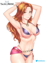 Rule 34 | 1girl, armpits, arms behind head, arms up, bikini, bracelet, breasts, brown eyes, brown hair, cleavage, copyright name, etchimune, jewelry, kisara (tales), long hair, looking at viewer, necklace, official alternate costume, pink bikini, simple background, solo, swimsuit, tales of (series), tales of arise