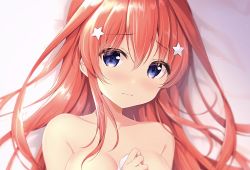Rule 34 | 1girl, amedamacon, bed sheet, blue eyes, blush, breasts, closed mouth, commentary request, completely nude, go-toubun no hanayome, hair between eyes, hair ornament, hand up, highres, long hair, looking at viewer, medium breasts, nakano itsuki, nude, red hair, solo, star (symbol), star hair ornament, upper body