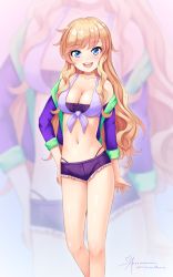 Rule 34 | 1girl, aposine, artist name, bare shoulders, blonde hair, blue eyes, blush, breasts, cleavage, collarbone, commentary, denim, denim shorts, eyelashes, hand on own hip, heart, highres, idolmaster, idolmaster cinderella girls, jacket, large breasts, long hair, looking at viewer, navel, ohtsuki yui, open mouth, short shorts, shorts, smile, solo, standing, stomach, teeth, upper teeth only, wavy hair