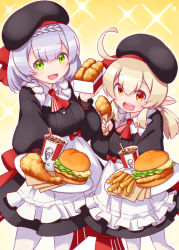 Rule 34 | 2girls, ahoge, apron, ascot, beret, black dress, black headwear, blonde hair, braid, braided bangs, burger, cola, colonel sanders, commentary request, cup, disposable cup, dress, employee uniform, fast food uniform, food, french fries, fried chicken, frilled apron, frills, genshin impact, green eyes, harada (sansei rain), hat, highres, holding, holding food, holding plate, kfc, klee (genshin impact), long sleeves, looking at viewer, low twintails, medium hair, multiple girls, noelle (genshin impact), noelle (kfc) (genshin impact), open mouth, pantyhose, plate, pointy ears, red ascot, red eyes, short hair, silver hair, smile, soda, twintails, uniform, waist apron, white apron, white legwear