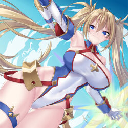 Rule 34 | 1girl, armor, bare shoulders, blonde hair, blue eyes, blue gloves, blue leotard, blue sky, blush, bradamante (fate), bradamante (first ascension) (fate), braid, breasts, cleavage, covered navel, crown braid, elbow gloves, energy barrier, energy shield, fate/grand order, fate (series), faulds, gloves, highleg, highleg leotard, highres, large breasts, leotard, long hair, looking to the side, mrnn, scepter, sky, smile, solo, thigh strap, thighs, twintails, two-tone gloves, two-tone leotard, very long hair, white gloves, white leotard