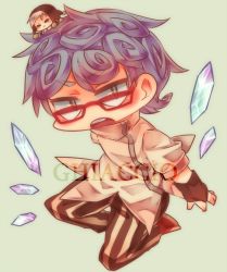 Rule 34 | 2boys, bad id, bad pixiv id, blue hair, character name, chibi, ghiaccio, glasses, ice crystal, jojo no kimyou na bouken, kei zou, male focus, multiple boys, pants, red-framed eyewear, risotto nero, simple background, striped clothes, striped pants, vertical-striped clothes, vertical-striped pants