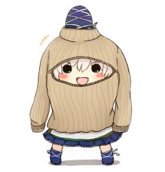 Rule 34 | 1girl, blush stickers, chibi, cleavage cutout, clothing cutout, hat, hat ribbon, long sleeves, looking at viewer, lowres, meme attire, mononobe no futo, open-chest sweater, open mouth, oversized clothes, rei (tonbo0430), ribbed sweater, ribbon, silver hair, skirt, smile, solid circle eyes, solo, sweater, touhou, turtleneck, wardrobe error, you&#039;re doing it wrong