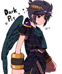 1boy ahoge angel angel_wings belt belt_buckle blue_scarf blue_wings bracer buckle character_name closed_mouth dark_pit empty_eyes feathered_wings frown gold_trim kid_icarus kid_icarus_uprising ko_iwari_ngo laurel_crown male_focus nintendo purple_belt scarf short_hair sidelocks solo spiked_hair white_background wings