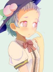 Rule 34 | 1girl, :&lt;, alternate hair length, alternate hairstyle, blue background, blue hair, blush, bow, bowtie, buttons, center frills, closed mouth, embarrassed, food, forehead, frills, fruit, hat, hat ornament, hinanawi tenshi, ishikkoro, looking away, looking to the side, peach, pink eyes, puffy short sleeves, puffy sleeves, red bow, red bowtie, scratching cheek, short hair, short sleeves, simple background, solo, touhou, upper body, very short hair