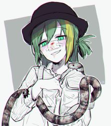 Rule 34 | 1girl, alina gray, alternate costume, an sin, animal, animal on shoulder, aqua eyes, bag, black hat, blonde hair, blood, blood on face, blush, bowler hat, breast pocket, bug, buttons, collared shirt, colored skin, gauze, green hair, grin, hair between eyes, hair rings, hat, head tilt, looking down, magia record: mahou shoujo madoka magica gaiden, mahou shoujo madoka magica, multicolored hair, outline, partially unbuttoned, pocket, shirt, shoulder bag, sidelocks, signature, simple background, slit pupils, smile, snake, solo, spider, streaked hair, unbuttoning, upper body, white bag, white outline, white shirt, white skin