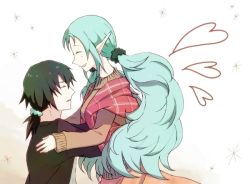 Rule 34 | 1boy, 1girl, alternate costume, aqua hair, black hair, blue hair, closed eyes, gaius (tales), happy, long hair, muzet (tales), open mouth, pointy ears, ponytail, shawl, short hair, simple background, tales of (series), tales of xillia, twintails, very long hair