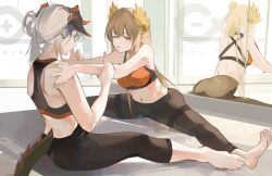 Rule 34 | 2girls, absurdres, arknights, bare shoulders, barefoot, black pants, brown hair, cmdr saturn, commentary request, grey hair, highres, horns, leggings, mirror, muelsyse (arknights), multiple girls, one eye closed, pants, parted lips, pointy ears, reflection, saria (arknights), sports bra, tail, thighs