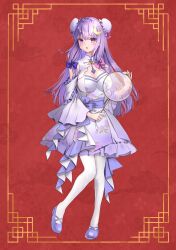 Rule 34 | 1girl, blue bow, blunt bangs, bow, breasts, bun cover, cleavage, crescent, crescent hair ornament, double bun, dress, frilled dress, frills, hair bow, hair bun, hair ornament, highres, large breasts, loafers, long hair, patchouli knowledge, purple dress, purple eyes, purple footwear, purple hair, red background, red bow, shironeko yuuki, shoes, solo, thighhighs, touhou, very long hair, white thighhighs