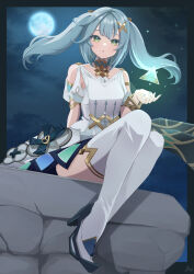 Rule 34 | 1girl, :o, absurdres, aqua hair, aqua nails, bare shoulders, boots, bracelet, breasts, clothing cutout, crossed ankles, dress, faruzan (genshin impact), floating, floating hair, floating object, full body, full moon, genshin impact, green eyes, hair ornament, hand up, high heel boots, high heels, highres, jewelry, legs, looking at viewer, moon, nail polish, neck ring, night, night sky, open mouth, outdoors, pukonuu, short sleeves, shoulder cutout, sidelocks, sitting, sky, small breasts, solo, symbol-shaped pupils, thigh boots, thighhighs, thighs, triangle-shaped pupils, twintails, white dress, white footwear, white thighhighs, x hair ornament
