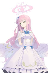Rule 34 | 1girl, arms behind back, blue archive, blunt bangs, breasts, capelet, closed mouth, dress, feathered wings, hair bun, hair ornament, hair scrunchie, halo, highres, long hair, low wings, medium breasts, mika (blue archive), pink hair, scrunchie, simple background, single side bun, solo, very long hair, wasabi60, white background, white capelet, white dress, white wings, wing ornament, wings, yellow eyes
