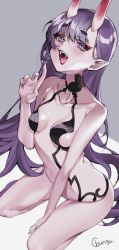 Rule 34 | 1girl, alternate hair length, alternate hairstyle, artist name, between legs, blue eyes, blush, breasts, choker, chungu, collarbone, fangs, fate/grand order, fate (series), fingernails, grey background, hand between legs, highres, horns, index finger raised, invisible floor, legs, long hair, looking at viewer, open mouth, pointy ears, purple hair, revealing clothes, seiza, sharp fingernails, short eyebrows, shuten douji (fate), simple background, sitting, skin-covered horns, small breasts, solo, tongue, very long hair
