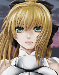 Rule 34 | 1girl, armor, artoria pendragon (fate), blonde hair, bow, capcom, fate/stay night, fate/unlimited codes, fate (series), green eyes, hair bow, ponytail, portrait, saber (fate), saber lily, solo, yamasan (hachiman)