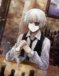 Rule 34 | 10s, 1boy, alcohol, angel31424, black nails, blouse, bottle, cup, dress shirt, drinking glass, eyepatch, frown, glass, grey eyes, interlocked fingers, kaneki ken, liquor, looking at viewer, male focus, nail polish, necktie, own hands together, painting (object), shirt, short hair, solo, spoilers, table, tokyo ghoul, vest, white hair, wine glass