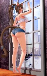 Rule 34 | 1girl, animal ears, ass, back, bare shoulders, bell, blue ribbon, blush, breasts, brown hair, brown tail, cat ears, cat girl, cat tail, crop top, cutoffs, denim, denim shorts, feet, from behind, full body, green eyes, grin, hair ribbon, high ponytail, highres, jingle bell, large breasts, long hair, looking at viewer, lucknight, median furrow, micro shorts, original, paw print, ribbon, sharp teeth, shorts, shoulder blades, sidelocks, skindentation, smile, soles, solo, standing, tail, tail ornament, tail ribbon, tank top, teeth, thighs, toes, underboob, very long hair, white tank top