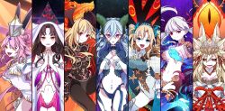 +_+ absurdres animal_ear_fluff animal_ears aqua_hair aqua_pantyhose armlet armor armored_bodysuit bare_shoulders bikini_armor black_armor black_bodysuit black_hair black_horns black_sclera blonde_hair blue_eyes blue_fire blue_nails blue_pantyhose blue_skin body_markings bodysuit breasts buttons cape chest_tattoo cleavage coat collar colored_inner_hair colored_sclera colored_skin commentary_request curtained_hair detached_collar double_bun dragon_horns dress earrings ereshkigal_(fate) extra_ears facial_mark fangs fate/grand_order fate_(series) fire flower forehead_mark fox_ears fox_girl frills fur-trimmed_kimono fur_trim gradient_skin green_pantyhose hair_between_eyes hair_bun hair_ribbon hand_on_own_chest hat headpiece highres horns japanese_clothes jewelry kama_(fate) kama_(third_ascension)_(fate) kimono kitsune koyanskaya_(assassin)_(third_ascension)_(fate) koyanskaya_(fate) koyanskaya_(lostbelt_beast:iv)_(fate) kujiramaru large_breasts large_horns larva_tiamat_(fate) tiamat_(third_ascension)_(fate/grand_order) leotard long_hair long_horns long_sleeves looking_at_viewer lotus medium_breasts metal_bracelet metal_collar multicolored_hair multiple_animal_ears nail_polish navel nero_claudius_(fate) pantyhose parted_bangs pink_eyes pink_hair pink_ribbon pointy_ears pteruges puff_and_slash_sleeves puffy_sleeves queen_draco_(fate) queen_draco_(third_ascension)_(fate) rabbit_ears red_eyes red_scales ribbon rope sessyoin_kiara short_dress shoulder_plates shrug_(clothing) sidelocks single_leg_pantyhose smile space_ereshkigal_(fate) space_ereshkigal_(third_ascension)_(fate) stomach_tattoo symbol-shaped_pupils tamamo_(fate) tattoo thighhighs thighlet tiamat_(fate) tiamat_(third_ascension)_(fate/grand_order_arcade) two-tone_one-piece_swimsuit very_long_hair white_coat white_dress white_hair white_hat white_kimono white_leotard x-shaped_pupils yellow_eyes