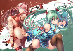 Rule 34 | 2girls, aqua eyes, aqua hair, armpits, arms up, ass, bare shoulders, bit (keikou syrup), black legwear, blue eyes, blush, breasts, chinese clothes, cleavage cutout, clothing cutout, detached sleeves, gloves, hair between eyes, hatsune miku, headband, kougyoku (module), long hair, looking at viewer, megurine luka, multiple girls, pink hair, project diva (series), project diva f, red gloves, sidelocks, smile, suigyoku (module), thighhighs, twintails, vocaloid, wide sleeves, world&#039;s end dancehall (vocaloid), zettai ryouiki