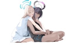 2girls absurdres asuna_(blue_archive) asymmetrical_bangs bare_shoulders black_hair black_shorts blonde_hair blue_archive blue_halo dark-skinned_female dark_skin grabbing_from_behind halo highres hug hug_from_behind karin_(blue_archive) long_hair multiple_girls one_eye_closed purple_halo shirt shorts sleeveless sleeveless_shirt smile tnr_(horiko1525)