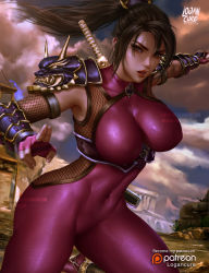 Rule 34 | 1girl, armor, bodysuit, breasts, brown eyes, brown hair, cloud, cloudy sky, commentary, covered erect nipples, covered navel, english commentary, fighting stance, fingerless gloves, fishnets, gloves, highres, large breasts, logan cure, long hair, looking at viewer, ninja, open mouth, outdoors, ponytail, rock, scenery, shoulder armor, skin tight, sky, solo, soul calibur, spandex, stance, sword, sword behind back, tabi, taki (soulcalibur), watermark, weapon, web address