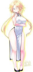 Rule 34 | 1girl, ;), absurdres, bare legs, blonde hair, blue eyes, blush, breasts, china dress, chinese clothes, colored eyelashes, crooked smile, dress, full body, hair over shoulder, highres, himekawa hinari, large breasts, long hair, looking at viewer, low twintails, no panties, one eye closed, original, pelvic curtain, pigeon-toed, side slit, simple background, sleeveless, smile, solo, thighs, twintails, very long hair, white background, yoshida hideyuki