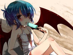 Rule 34 | 1girl, alternate costume, alternate hairstyle, bare legs, bare shoulders, bat wings, blue hair, blush, female focus, flat chest, folded ponytail, food, mikan (ama no hakoniwa), popsicle, red eyes, remilia scarlet, shade, short hair, solo, touhou, wallpaper, wings
