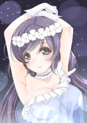 Rule 34 | 10s, 1girl, arm up, armpits, blush, breasts, frapowa, gloves, green eyes, head wreath, long hair, looking at viewer, love live!, love live! school idol project, purple hair, smile, solo, tojo nozomi, white gloves, yume no tobira