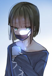 Rule 34 | 1boy, alternate hairstyle, black shirt, blue background, brown hair, cellphone, green eyes, gretel (sinoalice), hair between eyes, highres, holding, holding phone, long sleeves, looking at viewer, mask, mouth mask, phone, reality arc (sinoalice), shirt, short hair, sinoalice, solo, towada-san (thank39), trap