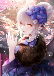 Rule 34 | 1girl, absurdres, blue archive, bow, braid, floral print, flower, from side, fur collar, grey hair, hair between eyes, hair bow, hair bun, hair flower, hair ornament, hands up, haruna (blue archive), haruna (new year) (blue archive), highres, japanese clothes, kimono, long sleeves, looking at viewer, looking to the side, open mouth, own hands together, print kimono, red eyes, saya kuroha, single hair bun, smile, solo, upper body