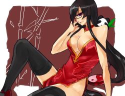 Rule 34 | 1girl, arc system works, bare shoulders, black hair, blazblue, blazblue: calamity trigger, breasts, china dress, chinese clothes, choker, cleavage, dress, female focus, glasses, lao jiu, large breasts, litchi faye ling, long hair, nayuki (pixiv481700), panda, purple eyes, red eyes, sesame ange, sitting, solo, thighhighs, very long hair