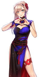 Rule 34 | 1girl, applekun, blue dress, blue eyes, china dress, chinese clothes, cleavage cutout, clothing cutout, dress, fate/grand order, fate/samurai remnant, fate (series), flower, hair flower, hair ornament, heart, heart hands, highres, looking at viewer, miyamoto musashi (fate), pelvic curtain, pink hair, red flower, red rose, rose, side slit, single sidelock, smile, solo, swept bangs