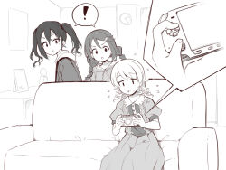 Rule 34 | !, 3girls, braid, collared dress, couch, drawstring, dress, flying sweatdrops, greyscale, hair ornament, hairclip, handheld game console, hood, hood down, hooded jacket, idolmaster, idolmaster cinderella girls, jacket, long hair, long sleeves, miyoshi sana, monochrome, morikubo nono, multiple girls, on couch, playstation portable, puffy long sleeves, puffy sleeves, revision, ringlets, shared speech bubble, sitting, speech bubble, spoken exclamation mark, sunazuka akira, twin braids, twintails, uccow