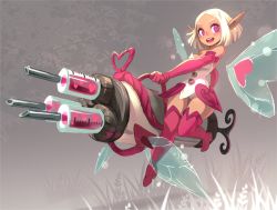 Rule 34 | 1girl, armor, bare shoulders, blush stickers, boots, breasts, commentary, dark-skinned female, dark skin, detached wings, dress, elbow gloves, english commentary, fairy, fairy wings, faulds, flying, full body, gatling gun, gloves, gun, heart, heart-shaped pupils, holding, holding gun, holding weapon, huge weapon, krosmaga, long pointy ears, medium breasts, panties, pantyshot, parted bangs, pink eyes, pink footwear, pink gloves, pointy ears, short dress, solo, strapless, strapless dress, symbol-shaped pupils, syringe, syringe gun, teeth, thigh boots, thighhighs, underwear, upper teeth only, weapon, white dress, white hair, white panties, wings, xaxaxa, zettai ryouiki