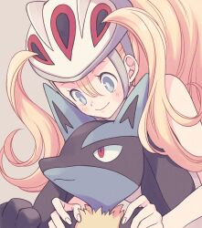 Rule 34 | 1girl, bare arms, blonde hair, bright pupils, closed mouth, commentary request, creatures (company), eyelashes, game freak, gen 4 pokemon, grey background, grey eyes, hair between eyes, helmet, highres, komasawa (fmn-ppp), korrina (pokemon), long hair, looking down, lucario, nintendo, pokemon, pokemon (creature), pokemon xy, smile, two side up, white headwear