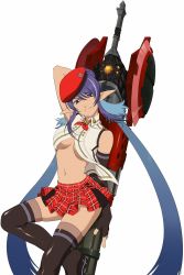 Rule 34 | 10s, 1girl, alisa ilinichina amiella, alisa ilinichina amiella (cosplay), asymmetrical gloves, bare shoulders, black footwear, black gloves, black thighhighs, blue eyes, boots, breasts, cosplay, elbow gloves, fingerless gloves, gloves, god eater, god eater 2: rage burst, hat, highres, judith (tales), large breasts, long hair, midriff, mismatched gloves, navel, official art, pleated skirt, pointy ears, silver hair, simple background, single elbow glove, skirt, solo, tales of (series), tales of link, tales of vesperia, thigh boots, thighhighs, underboob, white background, zettai ryouiki
