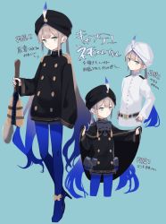 Rule 34 | 1boy, bad id, bad pixiv id, black cape, black headwear, black jacket, blue hair, blue pants, blush, buttons, cape, captain nemo (fate), epaulettes, fate/grand order, fate (series), full body, gradient hair, green eyes, hat feather, high heels, highres, jacket, kodamari, light brown hair, long hair, long sleeves, looking at viewer, multicolored hair, multiple views, nemo (fate), pants, thighs, tight clothes, tight pants, translation request, turban, two-tone hair, white headwear, white jacket