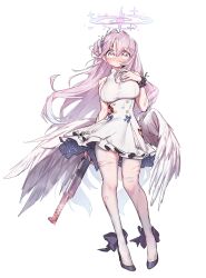 Rule 34 | 1girl, absurdres, angel wings, black footwear, blood, blood on clothes, blue archive, blush, breasts, dress, feathered wings, frilled dress, frills, full body, gun, hair between eyes, hair bun, halo, high heels, highres, holding, holding gun, holding weapon, injury, large breasts, long hair, mika (blue archive), pantyhose, pink hair, pink halo, simple background, single side bun, sleeveless, sleeveless dress, solo, torn clothes, torn pantyhose, weapon, white background, white dress, white pantyhose, white wings, wings, yabby, yellow eyes